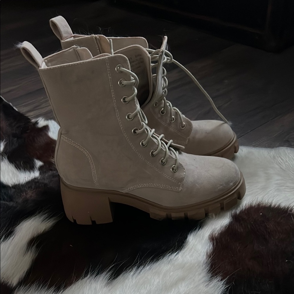 Beige Lace-Up Ankle Boots
